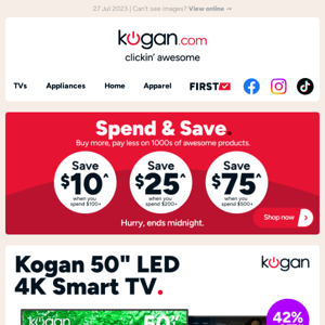 Spend & Save 📺 Kogan 50" 4K Smart TV only $374 (Was $649.99) - Hurry, ends tonight!