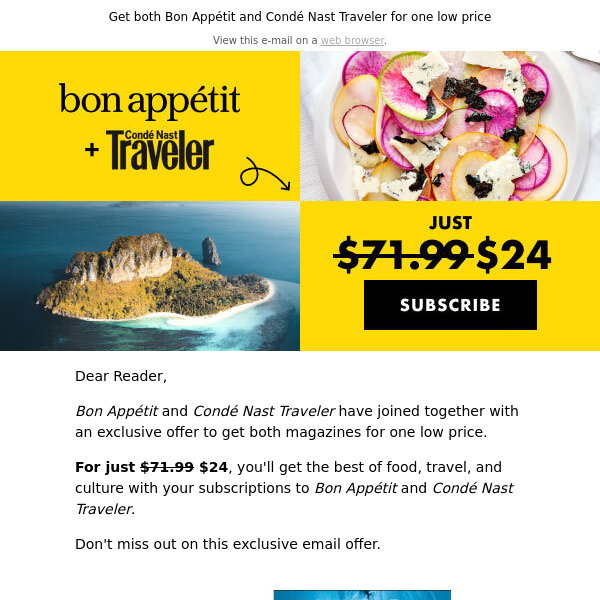 Get both Bon Appétit & Condé Nast Traveler for just $24!
