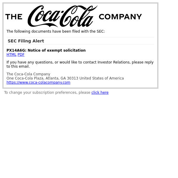 SEC Filing Alert for The Coca-Cola Company