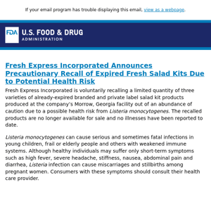 Fresh Express Incorporated Announces Precautionary Recall of Expired Fresh Salad Kits Due to Potential Health Risk