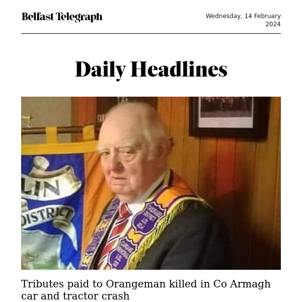 Tributes paid to Orangeman killed in car and tractor crash