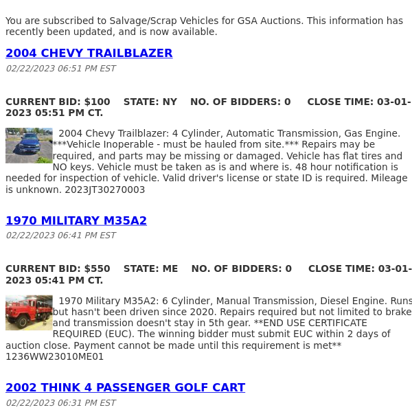 GSA Auctions Salvage/Scrap Vehicles Update