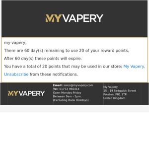 Reward Points Expiry Warning at My Vapery