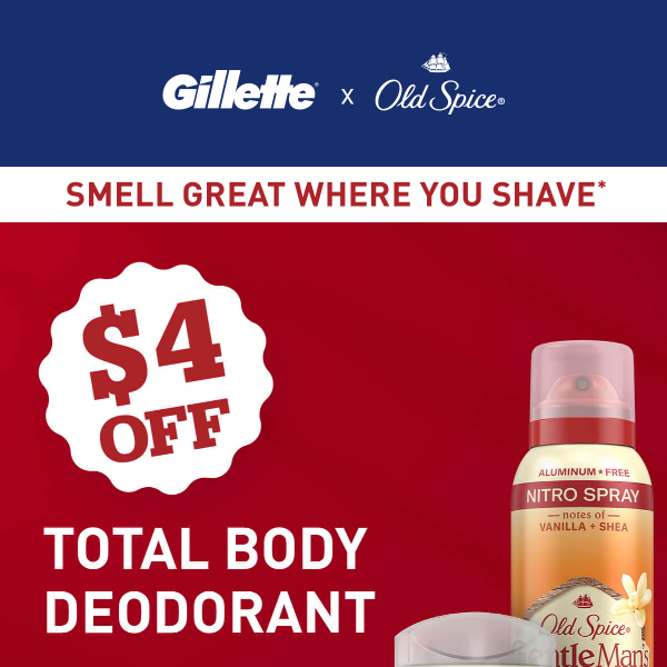 $4 OFF NEW Total Body Deodorant - 24/7 freshness with Old Spice