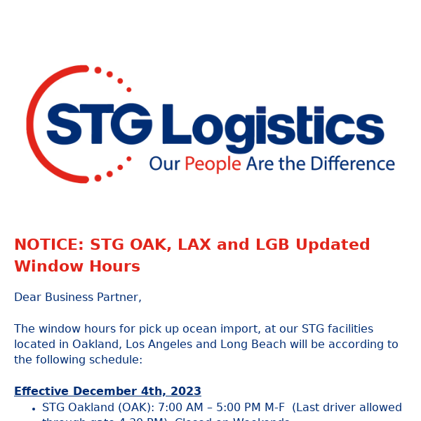 NOTICE: STG OAK, LAX and LGB Updated Window Hours