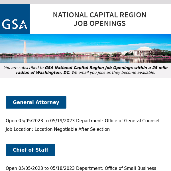 New/Current Job Opportunities in the GSA National Capital Region