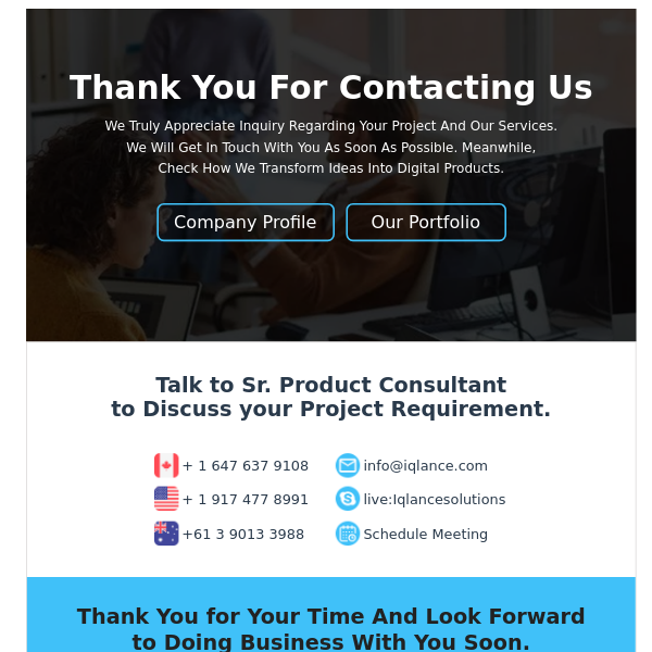 iQlance "Thanks for contacting us"