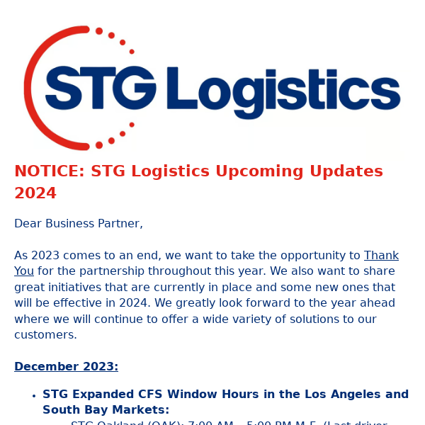 NOTICE: STG Logistics Upcoming Updates 2024