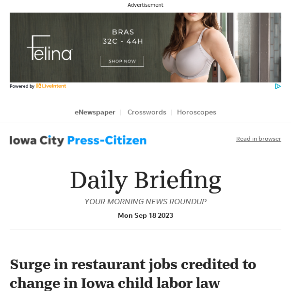 Daily Briefing: Surge in restaurant jobs credited to change in Iowa child labor law
