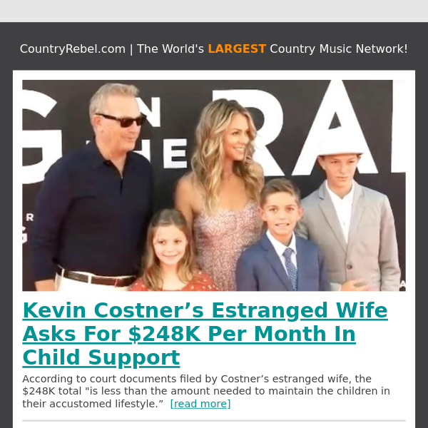 Kevin Costner’s Estranged Wife Asks For $248K Per Month In Child Support