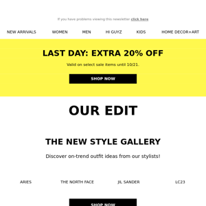Last day >> EXTRA 20% OFF select sale items