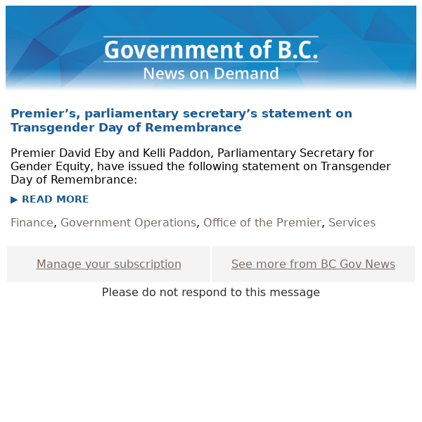 BC Gov News - Premier’s, parliamentary secretary’s statement on Transgender Day of Remembrance