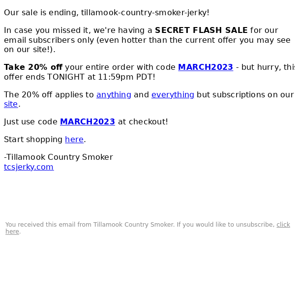 Last Chance, Tillamook Country Smoker Jerky FWD: 20% Off | Email Only Flash Sale