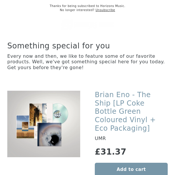 NEW! Brian Eno - The Ship [LP Coke Bottle Green Coloured Vinyl + Eco Packaging]