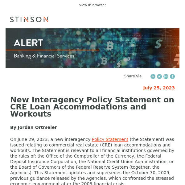 New Interagency Policy Statement on CRE Loan Accommodations and Workouts