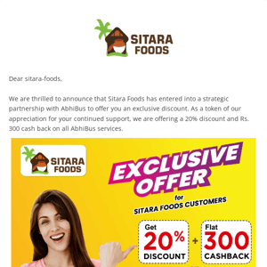 Sitara Foods, AbhiBus Exclusive Offer for SITARA FOODS