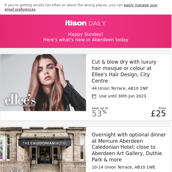 Ellee's Hair Design treatments; Mercure Aberdeen Caledonian Hotel stay; 4* Ardoe House Hotel Sunday roast; The Landmark Hotel stay, Dundee, and 8 other deals