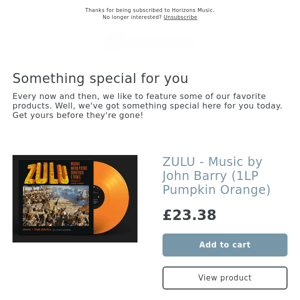OUT NEXT WEEK! ZULU - Music by John Barry (1LP Pumpkin Orange)