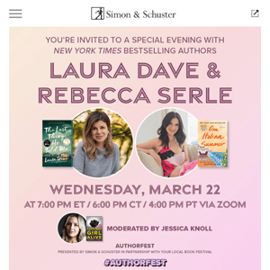 RSVP for AuthorFest with authors Laura Dave & Rebecca Serle