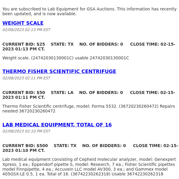 GSA Auctions Lab Equipment Update