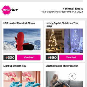 USB Heated Electrical Gloves | Luxury Crystal Christmas Tree Lamp | Light Up Unicorn Toy | Electric Heated Throw Blanket | Vax UCPMSHV1 Vacuum Cleaner