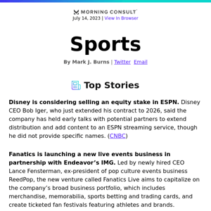 Disney Is Open to Selling Stake of ESPN, Iger Says
