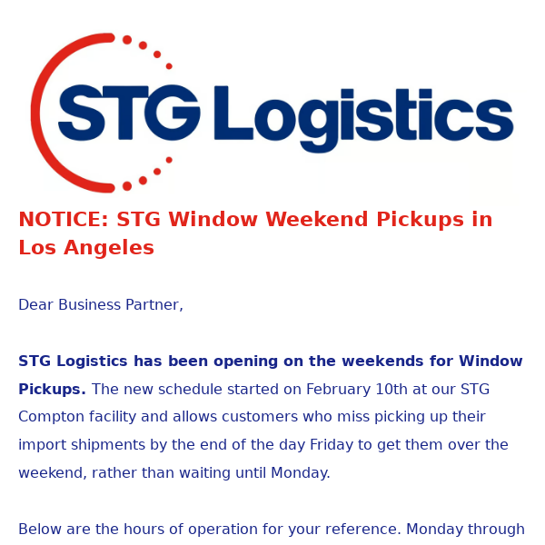 NOTICE: STG Window Weekend Pickups in Los Angeles