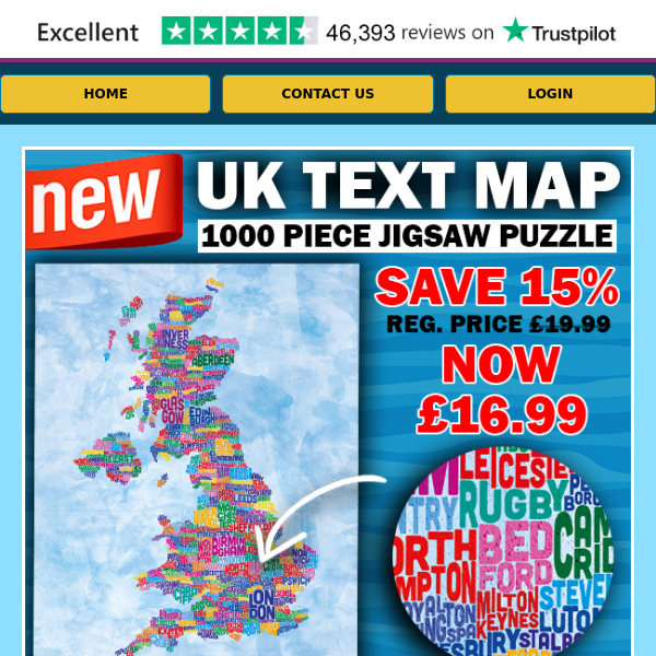 LAST CHANCE! UK Text Map Jigsaw. 15% Off