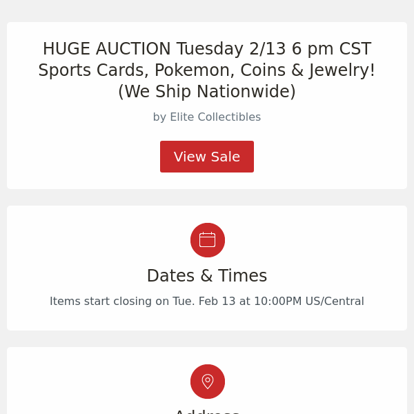 HUGE AUCTION Tuesday 2/13 6 pm CST Sports Cards, Pokemon, Coins & Jewelry! (We Ship Nationwide)