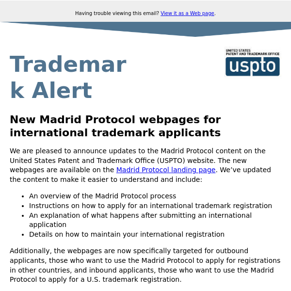 New Madrid Protocol webpages for international trademark applicants