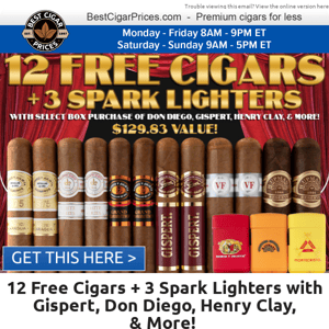 🔥 12 Free Cigars + 3 Spark Lighters with Gispert, Don Diego, Henry Clay, & More 🔥