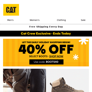 Hurry! Last day to get 40% on select boots