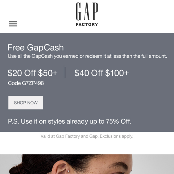 Here's $20 in FREE GapCash - Gap Factory