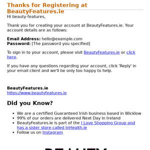 Thanks for Registering at BeautyFeatures.ie