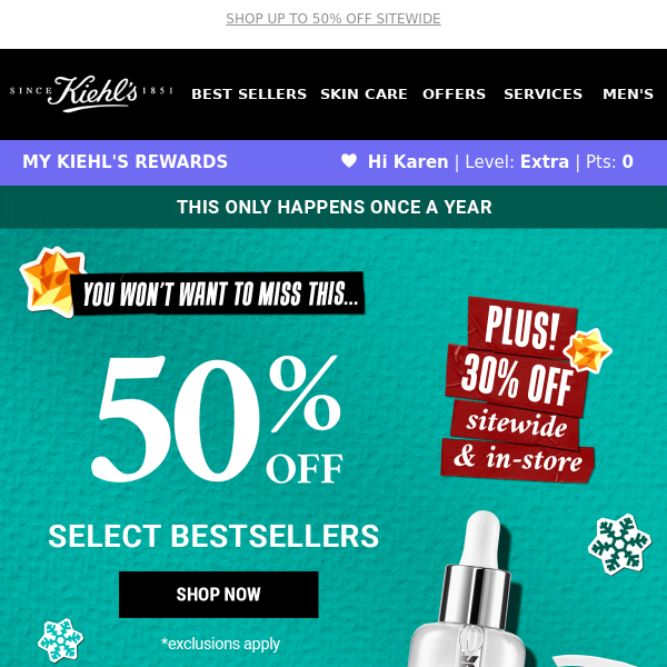 Kiehl's, 50% OFF Bestsellers + 30% OFF Sitewide Starts NOW!📢