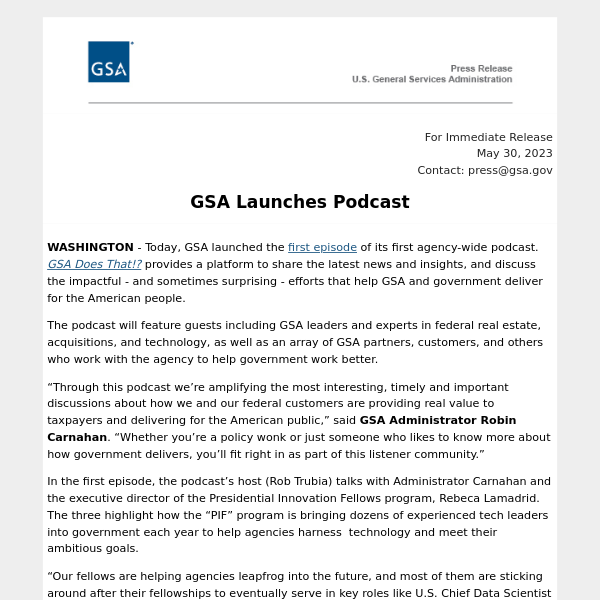 RELEASE -- GSA Launches Podcast