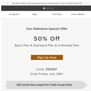 Get 50% OFF! Subscribe to Zno Slideshow Plan to Get Discounts On Album Sets!