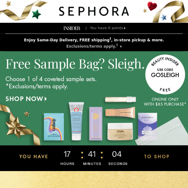 Sample bags that SLEIGH—get 1 free with min. spend