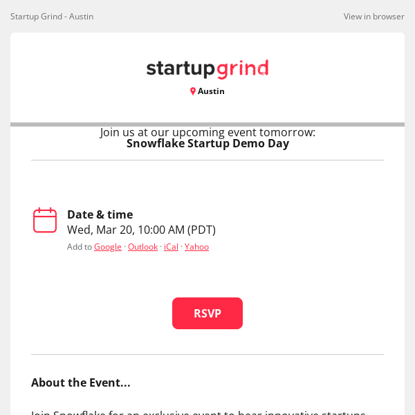 Event Tomorrow: Snowflake Startup Demo Day