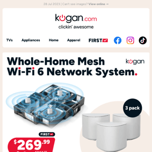 Wi-Fi dropping out? Kogan Whole-Home Mesh Wi-Fi Extender set $269.99