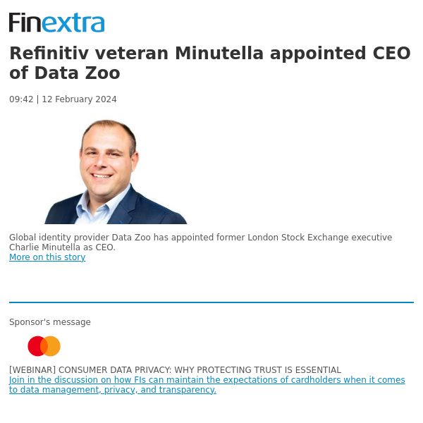 Finextra News Flash: Refinitiv veteran Minutella appointed CEO of Data Zoo
