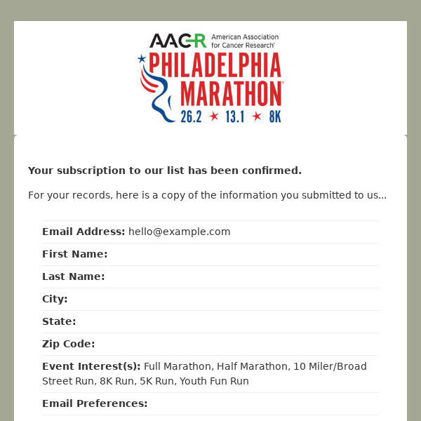 Philadelphia-Marathon: Subscription Confirmed