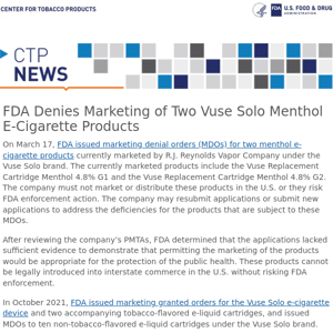 FDA Denies Marketing of Two Vuse Solo Menthol E-Cigarette Products