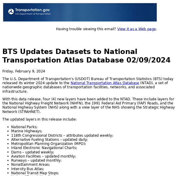 BTS Updates Datasets to National Transportation Atlas Database 02/09/2024