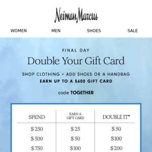 LAST CHANCE: Double your gift card now!