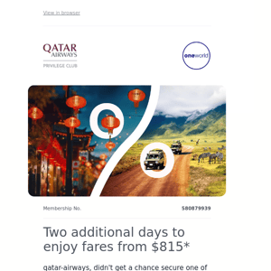 [OFFER EXTENDED] Two additional days to enjoy fares from $815*, Qatar Airways 