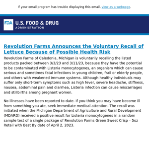 Revolution Farms Announces the Voluntary Recall of Lettuce Because of Possible Health Risk