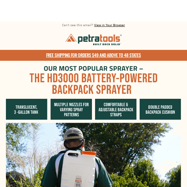 HD3000 Battery Powered Backpack Sprayer - 3 Gallon - PetraTools