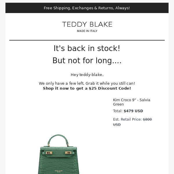 Good News! Your bag is back in stock! - Teddy Blake