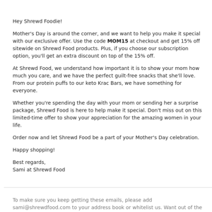 Celebrate Mother's Day with Shrewd Food - Get 15% Off Sitewide